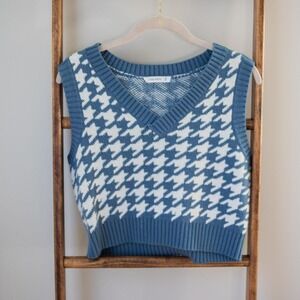 Preppy y2K Sweater Vest Blue White Houndstooth Plaid Crop Sweater Vest Womens XS